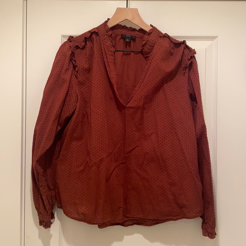 Brown JCrew ruffle shoulder top
